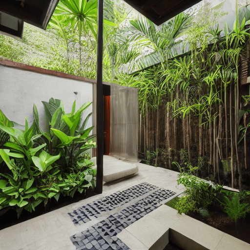 High resolution photography of modern enclosed lush balinese garden courtyard with outdoor shower small spa and dining area, magazine, cozy atmosphere; 8k, intricate detail, photorealistic, realistic light, wide angle, kinkfolk photography, a+d architecture