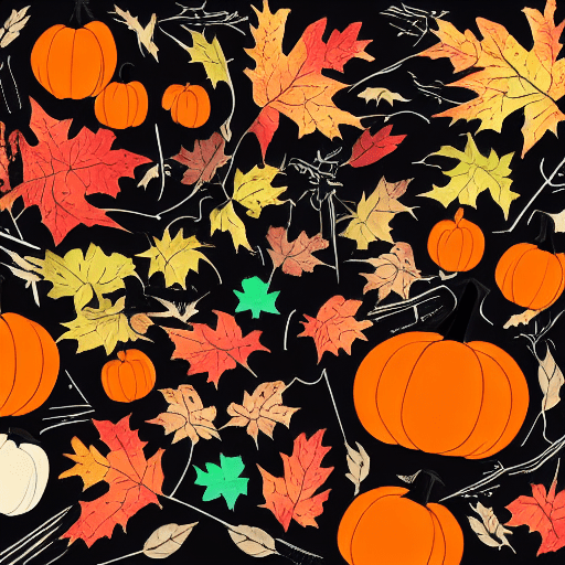 Illustration art, series of simple, colorful, thanksgiving, pumpkins, maples, exaggerated, solid-black background, humorous, bold outlines, colors limited to three main hues --ar 1:1 --style raw --stylize 300