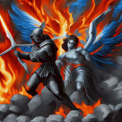 White angel and black demon amidst the chaos of a medieval siege warfare inferno. Employ a fiery palette of black and blue to depict flaming arrows, crumbling stone walls, and the clash of steel,