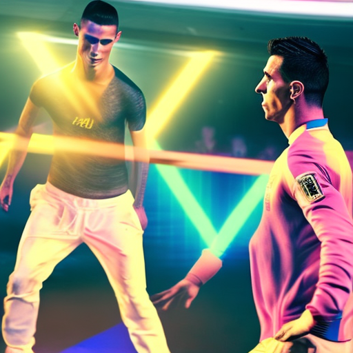 The scene opens in a stylish, neon-lit club. Cristiano ronaldo and lionel messi take the center of the dance floor, dressed casually but exuding confidence. As an electronic beat pulses through the room, they start moving, their steps perfectly in sync. Ronaldo’s sharp, powerful movements contrast with messi’s smooth, flowing style. The crowd watches in awe as the two legends challenge each other with playful, flawless footwork. The camera captures their dynamic dance in slow-motion, emphasizing their athleticism and grace. The final shot freezes them mid-pose, side by side, a perfect harmony of talent and rhythm.