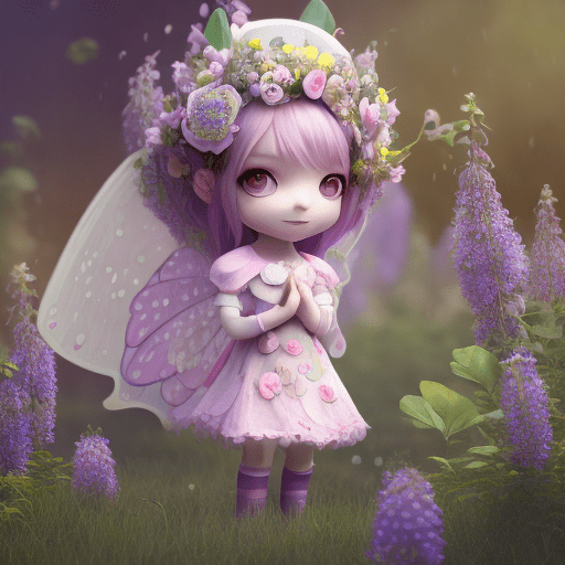 Whimsical adorable character design 3d octane render, wide shot, chibi extremely cute little flower fairy hides behind flower in the rain, scared of toad, beautiful scenery, wisteria flowers, spring time, red rain boots, big eyes, award winning, hypermaximalist, octane render, cinematic lighting, detailed --ar 9:16 --s 1000