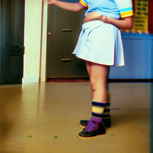 Color photo of a 19 year old girl wearing a school uniform and showing her wet adult diaper to the school nurse by lifting her skirt.