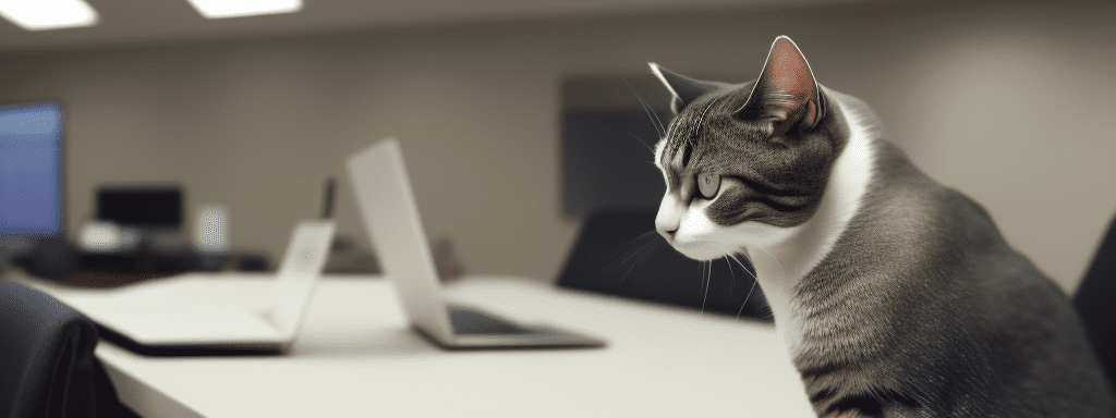 The photo shows a cat in a business suit sitting at a table in front of a computer in what appears to be a server room. The cat wears glasses and looks serious.