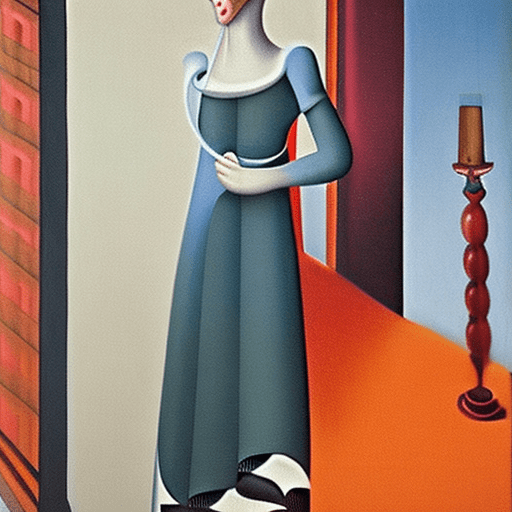Side view of surreal young wife, with colourfull cloth, by rene magritte, yves tanguy