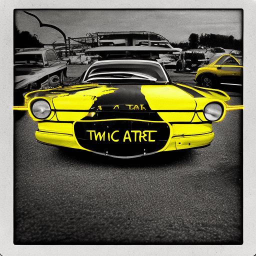 Car service with a name. In. Tar. Val. The name is yellow with neon lighting. The craftsman repairs a car that is raised on a lift