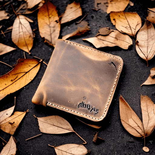 Dry dusty leaves under an open abandoned leather wallet lying on the ground style: goth