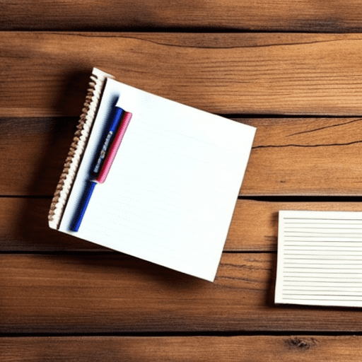 Open notepad with blank pages, crayon, on an old wooden floor