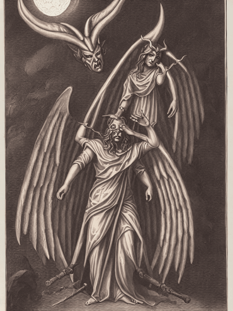A mysterious demonic/angelic apostle figure, with horns and huge bat wings sitting on a throne, glowing red moon through the window