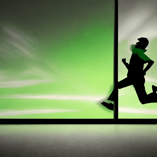 "a hyper-realistic scene featuring the silhouette of a man running from left to right, as if escaping from something. The man’s silhouette is transparent, blending into the background image, with only the outer edges visible. The edges are outlined by a diffused emerald green glow, harmonizing with the green tones of the background. The man looks to the left (toward the viewer) , with only his eyes visible as two small green lights. He has no visible clothes the background is filled with dense, lush vegetation of banana plants, showing only the plants and no fruit. The image has an ethereal, mystical quality, with fine details in the vegetation and realistic lighting, enhancing the immersive atmospher