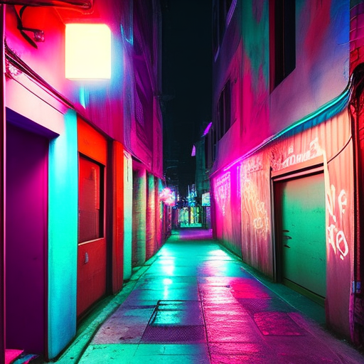 A nighttime urban alleyway with vibrant neon lights. The neon lights, in colors like pink and blue, should illuminate the background, creating a striking contrast against the dark surroundings.