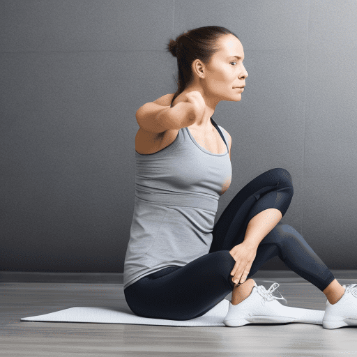 A woman is stretching, seated on the floor in a gym. She is positioned in the center of the image, legs spread wide, and leaning forward, reaching for her toes. Her posture is relaxed, and her expression is focused and slightly upturned.   her gaze is directed towards the feet being stretched. She is wearing a gray workout top and matching leggings.   her shoes are a dark purple/gray color.   the background is a light beige. A gray exercise ball is visible in the background, on the left side of the frame. Other workout equipment is also partially visible. The lighting is bright and even, casting no harsh shadows. The colors are muted and natural tones.   the scene conveys a relaxed and healthy atmosphere. The perspective is a slightly low-angle, looking down at the subject, who is on a yoga/exercise mat. The style is realistic and approachable.