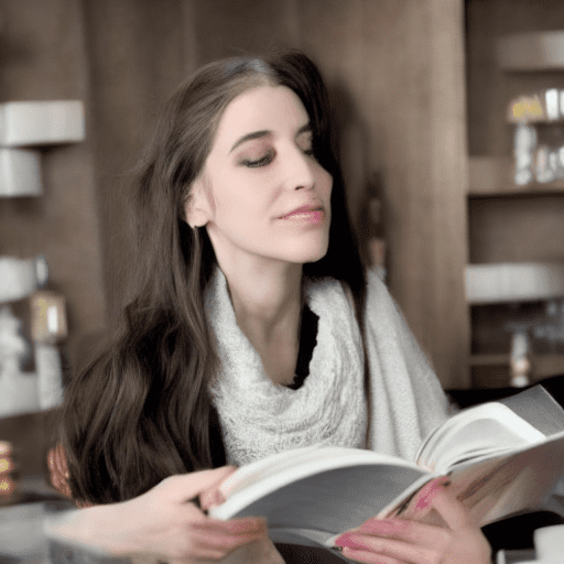 Photo haute couture d'une femme lisant un livre et prenant une boisson fraîche dans son salon moderne. Elle est habillée de façon décontractée et semble radieuse, prête à relever n'importe quel défi. Heure dorée, éclairage par rebond, vue de dessus grand angle, arri alexa 65, dans le style de diane arbusr, 8k