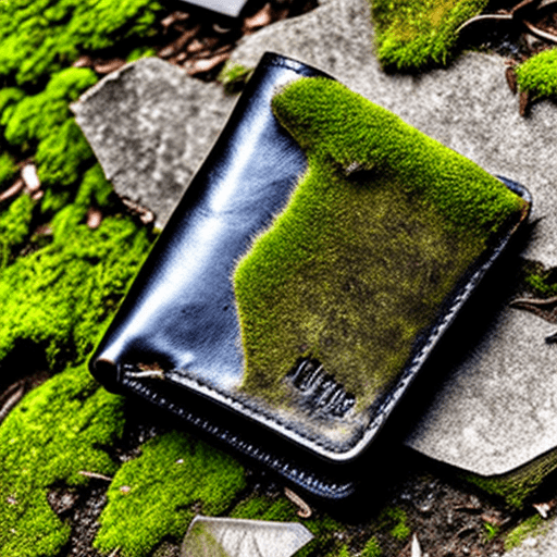 An open abandoned leather wallet lying against a mossy pavement crack. Style: goth