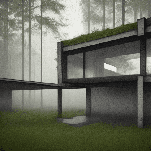 I'd like to generate an image with the following characteristics: a very realistic photo, of a house, where walls are made of big windows, in brutalist style, it is raining, in the middle of the forest in a photographic style with a low angle
