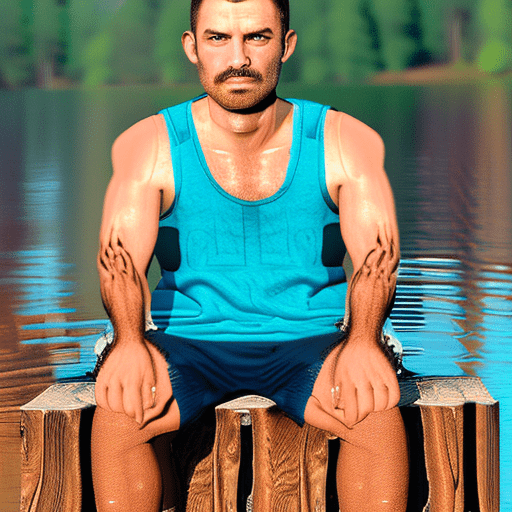 Create a hyper-realistic image of a 35-year-old with an athletic and well-defined physique, sitting on a wooden dock. The man has short dark hair and is wearing a sleeveless shirt and athletic shorts. The scene takes place during a sunset in an autumn landscape, where the trees are filled with leaves in warm shades of orange, red, and yellow. In the sky, the planet venus shines brightly, resembling a full moon, adding a magical touch to the atmosphere. The sunlight reflects off the calm water of the lake, creating a shimmering golden effect. Camera technical details: aperture: f/2. 8 for a softly blurred background that highlights the man in the foreground. Shutter speed: 1/125 seconds to capture the scene clearly, avoiding motion blur. Focal length: 50 mm for a natural framing that captures both the man and the beautiful background landscape. Make sure the lighting is warm and soft, with elongated shadows that add depth to the image. The composition should be balanced, with the man on the left side of the frame and the autumn landscape and planet venus occupying the rest of the space.