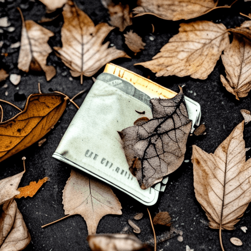 Dry dusty leaves in the inside pockets of an abandoned wallet lying on the ground style: goth