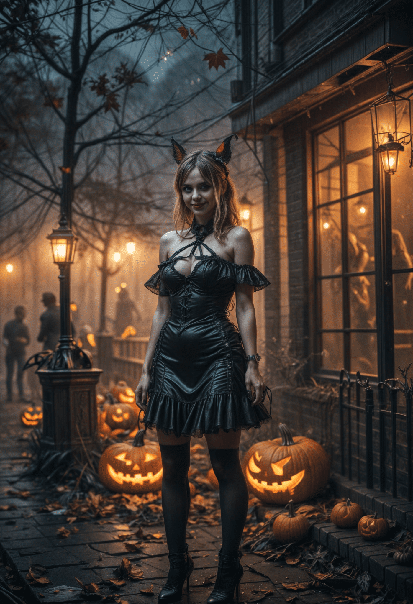 A woman in a black dress stands on a street, surrounded by halloween decorations. She is wearing a black cat mask on her head.