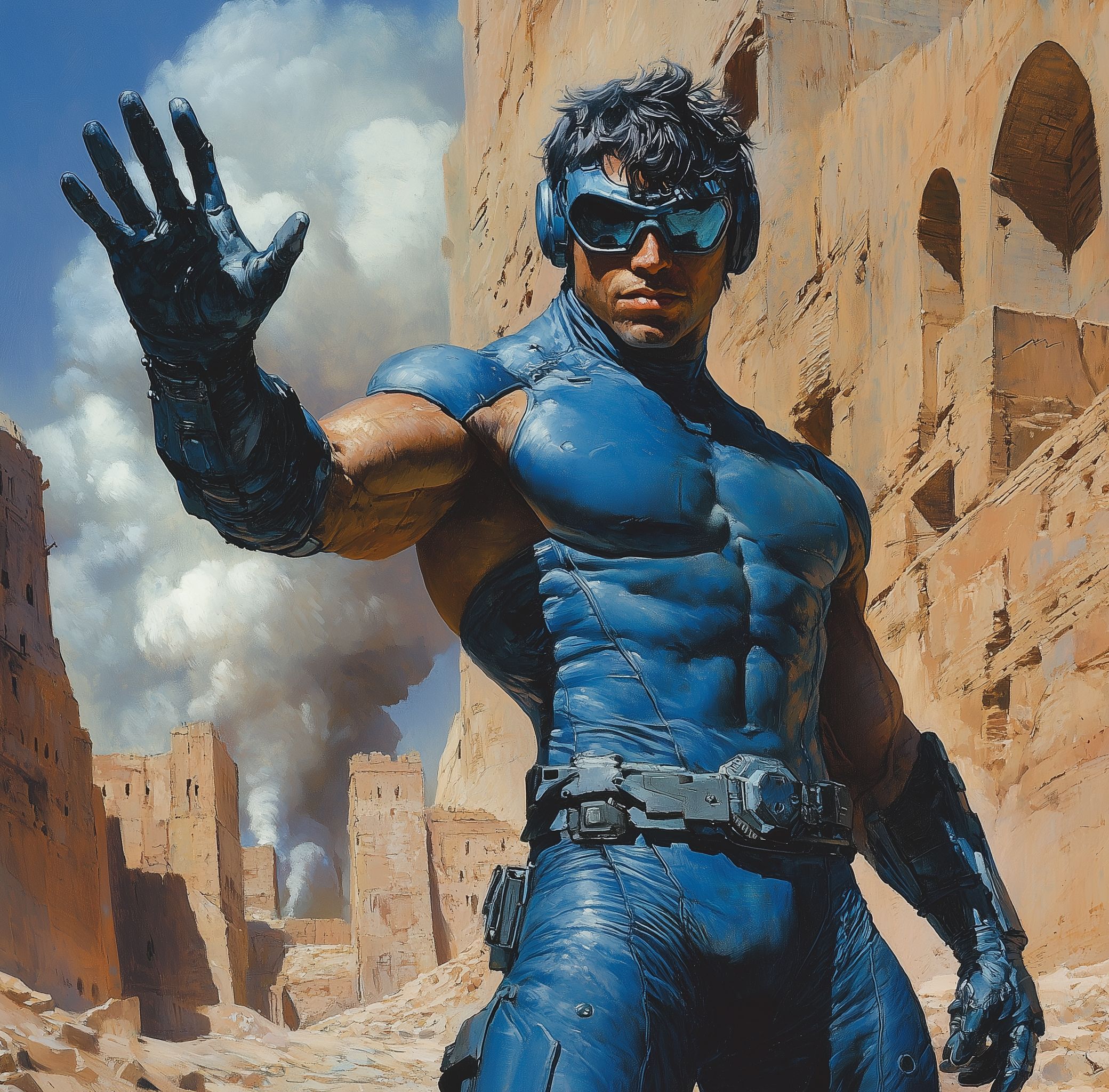 A muscular man in blue body armor and futuristic goggles stands on the ground, abs, fit, waving his hand against an abandoned desert village with smoke coming out of it, in the style of boris vallejo, in the style of frank frazetta, with a futuristic robot-like headpiece, full figure, portrait, in the style of frank frazetta, in the style of alex ross. --s 250 --style raw --v 6. 1 --ar 92:91