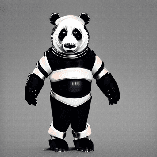 A full body panda character, realistic, ultra detailing, nice dynamic pose, 8k sharp focus, highly detailed, photorealism, armored luxury suit with white and gold chrome details and matte black
