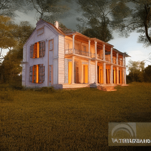 A realistic photo, of a house, where walls are made of windows, in colonial style, at sunset in the middle of the forest.