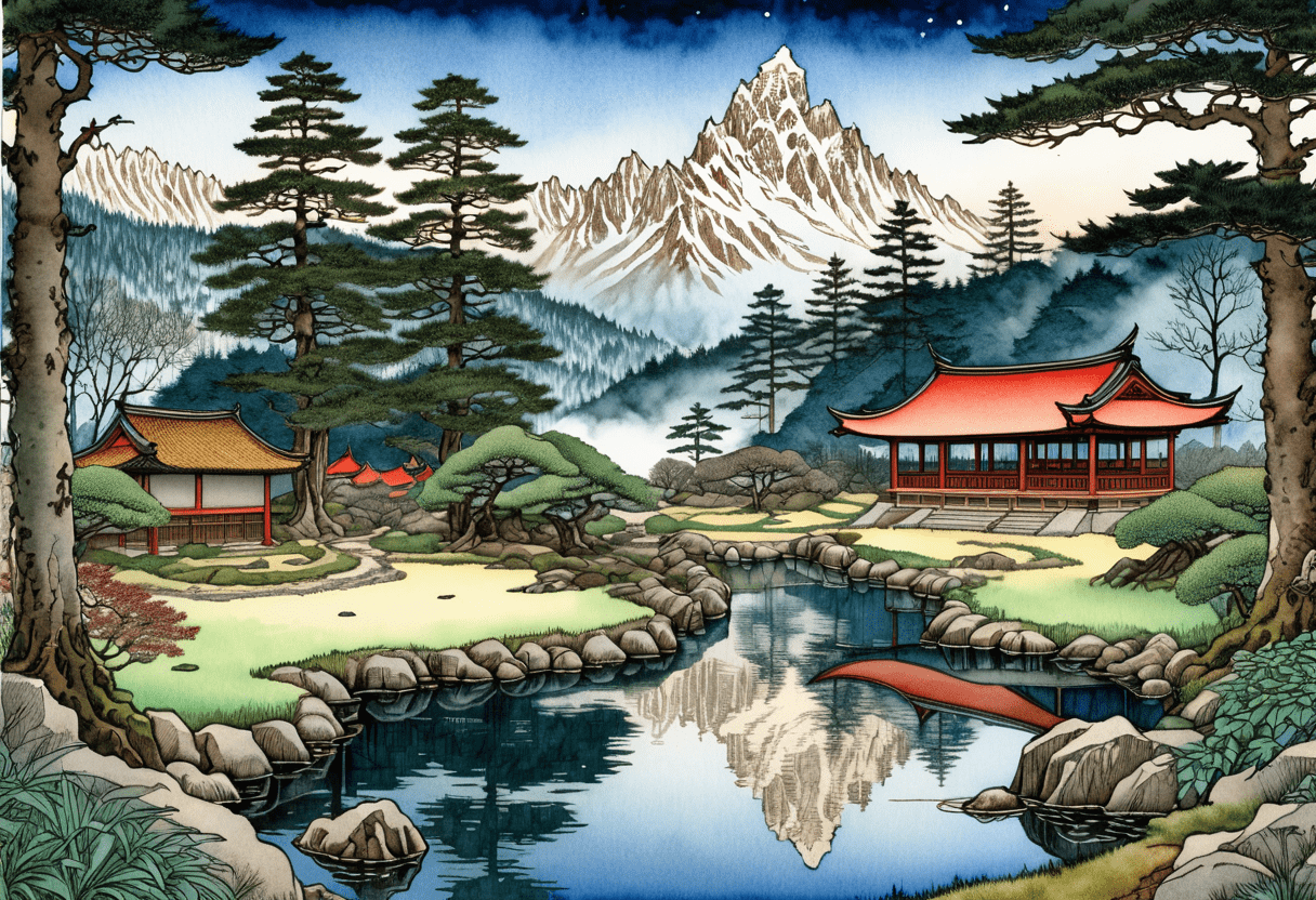 Antasy shin-hanga, amateurish watercolor with ink pen outline of a decora, intricate details, landscape of a (fantastic lighting, masterpiece, high quality:1. 3) and realistic traditional argentinian japanese zen garden, vampiric roots in background, dense foliage with meadow, winter