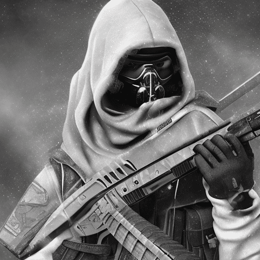 A dark fantasy vector sketch shot of a counter-strike: global offensive (cs:go) sniper with a hood and mask, shooting a single shot. The sniper has intense, piercing eyes and is wearing a black outfit. He is wielding a arctic warfare magnum, a m249 rifle full length with intricate engravings, and a glowing white element. A single red tracer bullet is exiting the barrel of the rifle. The background is a solid black and dramatic, with electric blue diagonal lines. The cs-go logo is displayed above the image. The words "play safe! Keep the guns in the game! ! " are subtly written at the bottom.