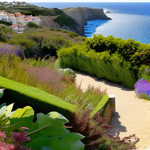 Cliff top garden overlooking the sea, with rough dirt path