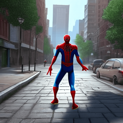 4d animation, focused, detailed, realistic, uhd, spiderman is walking on the sidewalk of a dirty street, happy