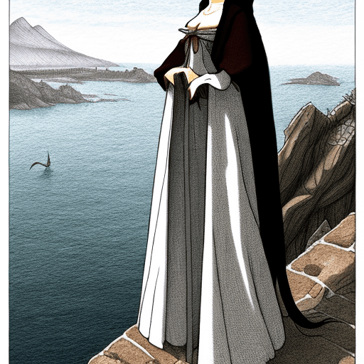 Woman dressed with medieval clothes singing while gazing at the sea of vigo (spain). Ghibli drawing style.