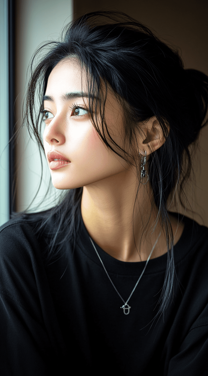 Woman in a black tshirt, in the style of sterling silver highlights, samyang af 14mm f/2. 8 rf, photorealistic portrait --ar 71:128 --personalize yruxpc2 --stylize 750 --v 6. 1