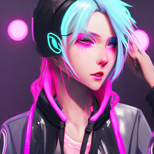 A lady with a cute face, and sleepy beautiful eyes, wearing a black jacket, bright-colored neon pink hair, cyberpunk, outdoor, street, photorealistic, 8k --ar 9:16 --s 750