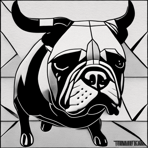 Running bull dog, flat desing with triangles only, grayscale, ultra detailed, in the style of sgraffito