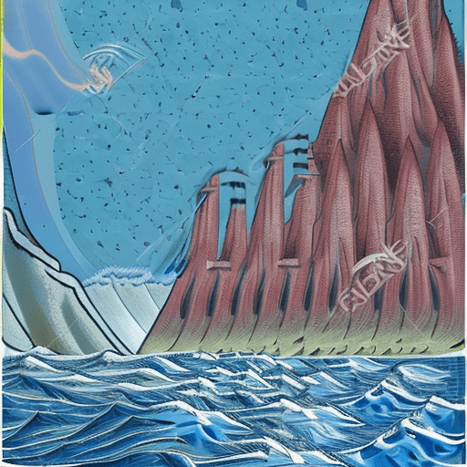 An island in the clouds hovering the shore of a tropical sea. Windy day, stormy weather, birds in the sky. The island has a lake pouring water into the sea in a huge cascade. The island has snow mountains behind the lake. In the style of enki bilal