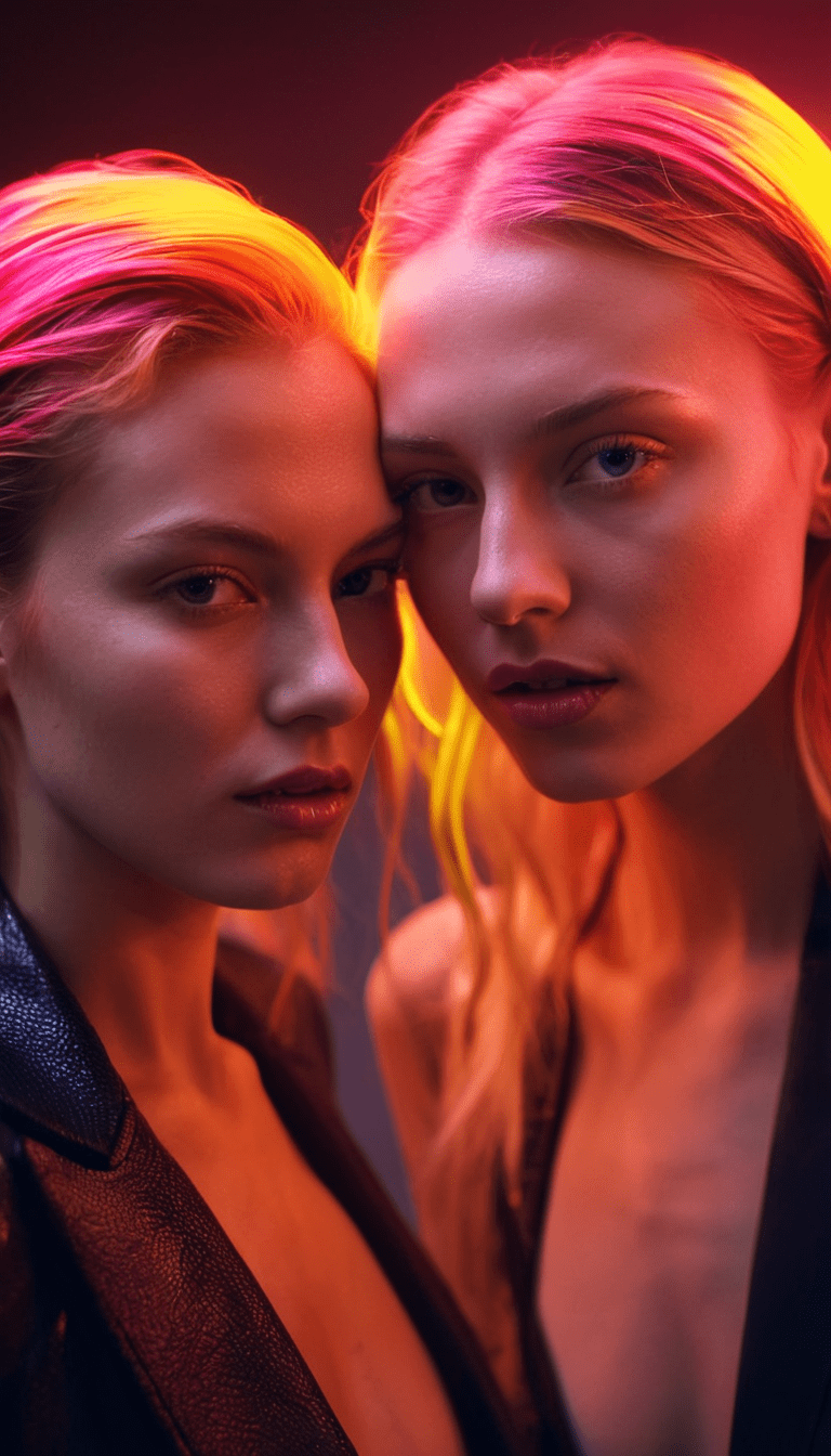 Fashion photography, close-up portrait of two stylish women with vibrant red and orange neon lighting at night club, volumetric lighting, cinematic angle, glamour vibrant,