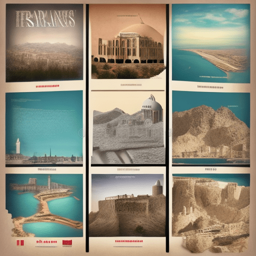 Design a poster made up of 3 sections , with a historical place names theme , the design need to be modern and interesting, include royalty free images in it of historical places in bahrain