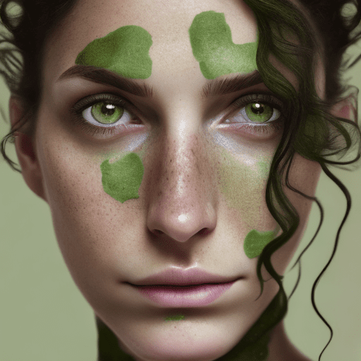 Close-up portrait of a woman with green eyes, light freckles, and dark hair styled in loose tendrils. She has a neutral, slightly pensive expression, minimal makeup, and a plain background emphasizing her natural beauty.