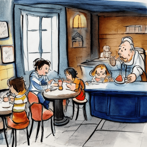 Un dessin au style aquarelle pour illustrer un livre d'enfant. La scene à dessiner est la suivante : une famille dans une pizzeria à rouen. Un papa brun, une maman aux cheveux châtains clairs, et un bébé de deux mois dans un siège-auto bleu marine. Des pizzas fumantes sont posées sur la table. Style doux et chaleureux, couleurs automnales.