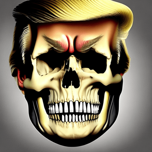 Image of donald trump with his face stretched over the surface of a skull in the style of salvador dali's "the face of war"