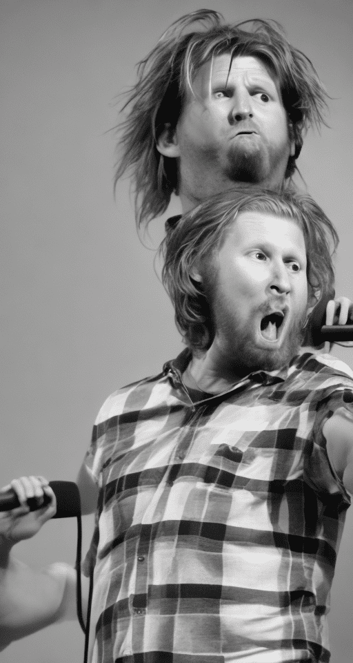 Photo of matt mullenweg the ceo of wordpress with a huge mullet haircut, very fat, sweaty armpits, standing and shouting like a bully, style of a caricature