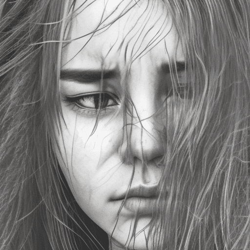 A woman looking melancholy, tears running down her face, long hair, with some strands of hair on the face, greyscale with light orange checks, ar 9:16