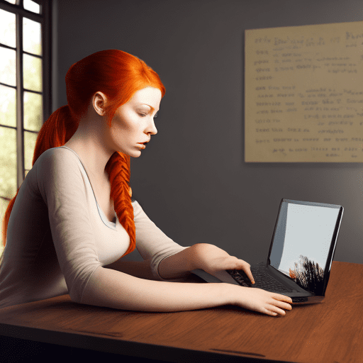 Photo of a beautiful ginger woman working at her laptop, hair is in a ponytail --s 200 --v 6. 1