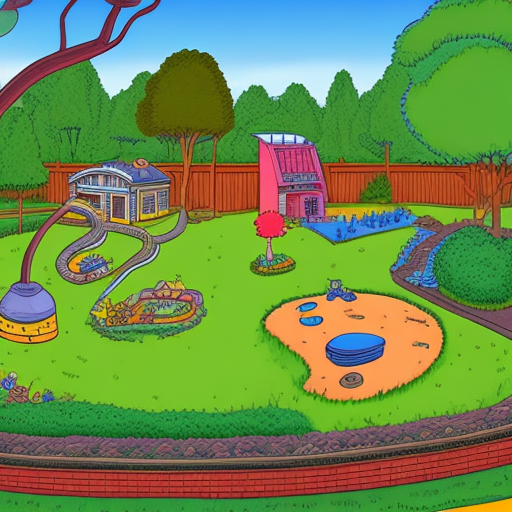 The expansive backyard, once purely a playground, now holds layered memories and serves as a backdrop to a newfound awareness of nature's unpredictable mysteries. Simpsons style, springfield style