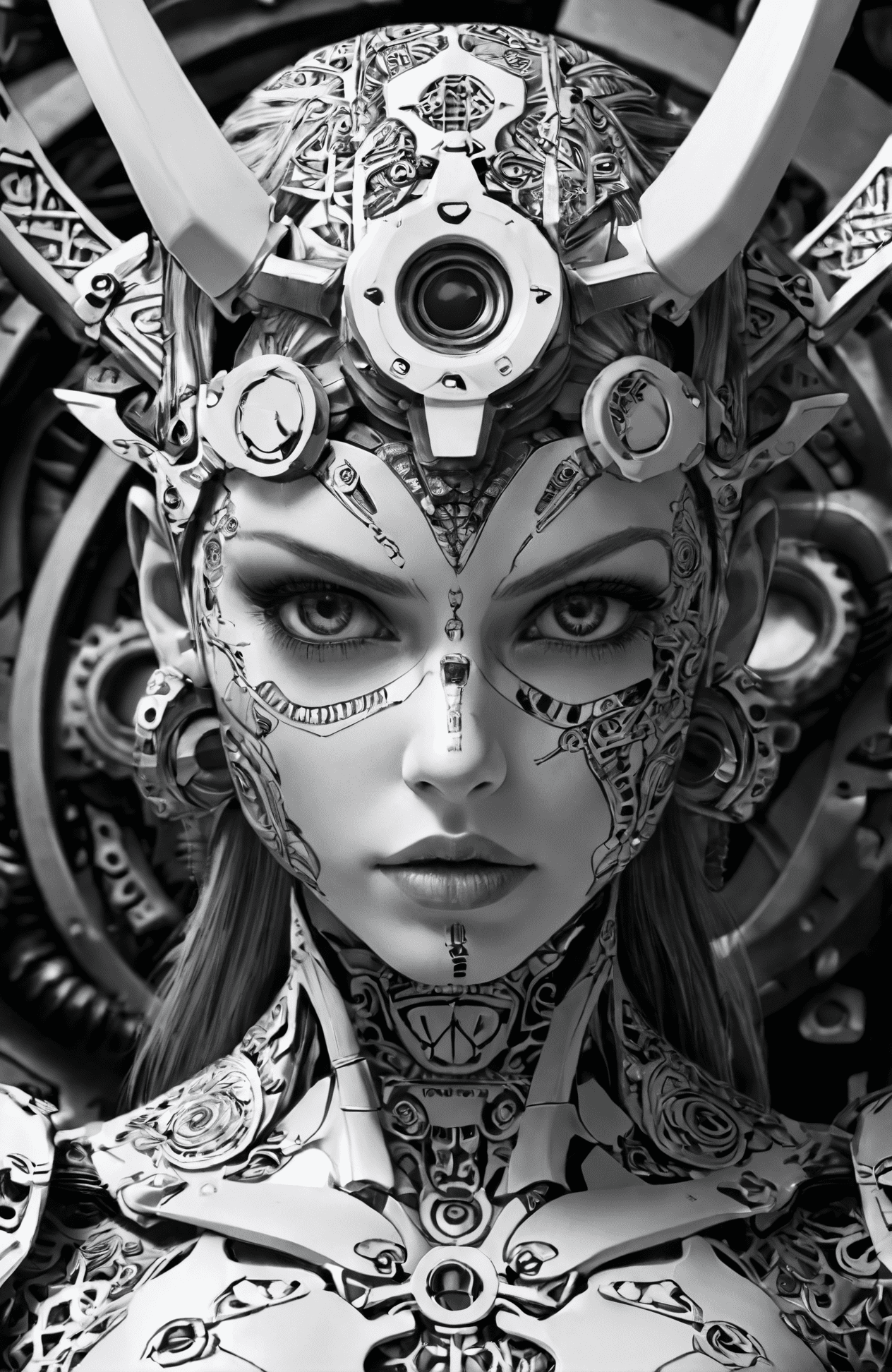 Monochrome zentangle (magazine cover) , mechanical angel, mech, highly detailed, metal gear solid art style, demon horns, eye patch, full body shot, legs, feet, footwear, vibrant, beautiful, painterly, detailed, textural, artistic. Intricate, abstract, monochrome, patterns, meditative, highly detailed. Black and white, contrast, tone, texture, detailed