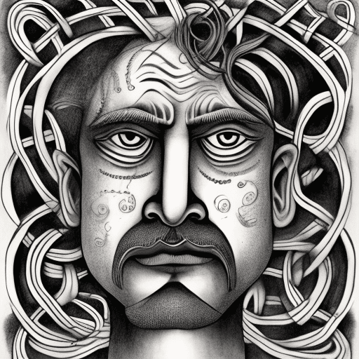 Drawing of a man with curled lips, in the style of surrealistic dreamscape, celtic art, ink wash collages, twisted characters, traditional oceanic art, intricate composition, stylized urban art --ar 72:107 --stylize 750 --v 6