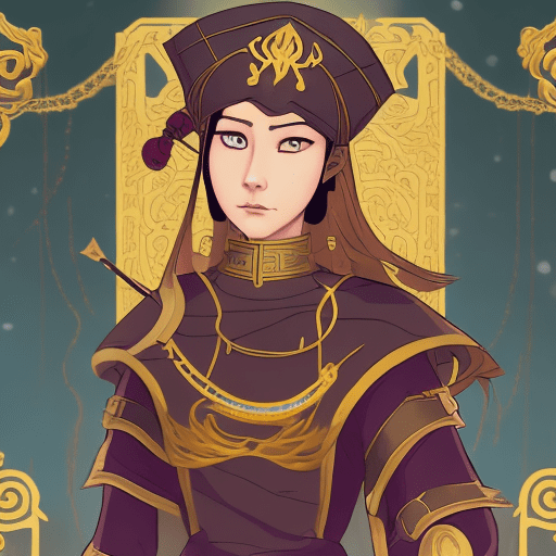 In the hand-drawn style of the banner saga, a dangerous chinese asian female pirate captain wears a dark outfit and arcane gold jewelry as she stands on the docks on a beautiful day