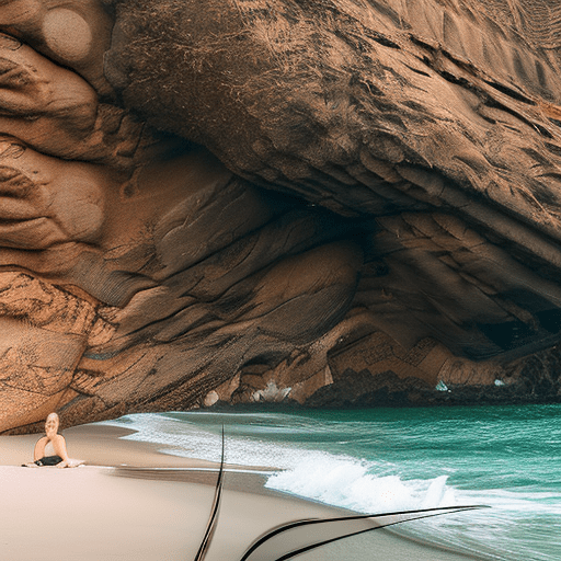 Photography of woman laying on the beach, dark and moody, waves crashing against rocks, she is wearing an orange dress, dark cave background, soft light, hyper realistic photography, cinematic lighting, editorial pose --ar 85:128 --v 6. 0 --style raw