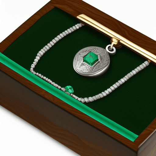 Create a graphic image showing an open jewelry box, made of wood, leather, and fabrics that show sustainability and luxury, with emerald green and silver colors, with a gold seal that has the word "muzo" engraved on it, and inside you can see an emerald in a thin and delicate bracelet, with silver and shiny colors, with chinese and personalized designs with subtle dragons, and another emerald in a very thin and elegant gold necklace, with a notable gem and with fine and precise finishes. The box should be on top of a shiny, elegant and luxurious black table, with a background of white walls.