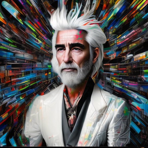 Man in white hair, in the style of multi-layered collages, edgy street art, celebrity-portraits, cardboard, fragmented icons, realistic hyper-detail, crossed colors --ar 73:111 --stylize 750 --v 6