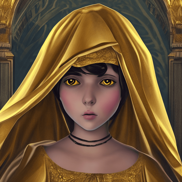 Masterpiece, best quality, super detailed face and eyes and clothes, single girl, (papal mantum) , symbol shaped golden eyes, shiny golden holy cross on background, (art nouveau:1. 1) , side lighting, alphonse muchales,