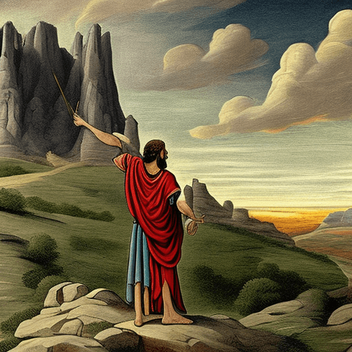 Bible verse "and abram said to the king of sodom, i have lift up mine hand unto the lord, the most high god, the possessor of heaven and earth, " corresponding image description: a majestic scene depicting abram, an ancient figure with a wise and determined expression, standing on a hill overlooking a vast, lush landscape. He is lifting his hand towards the sky in a gesture of oath or promise. In the background, the city of sodom is visible, with its walls and buildings shimmering under the golden light of dawn. Above, the heavens are dramatically painted with swirling clouds, suggesting the presence of the divine. The sky transitions from the deep blues of early morning to the fiery hues of sunrise, symbolizing the "most high god, the possessor of heaven and earth. " rays of light break through the clouds, focusing on abram, highlighting his covenant with god. Image should be 16:9 ratio